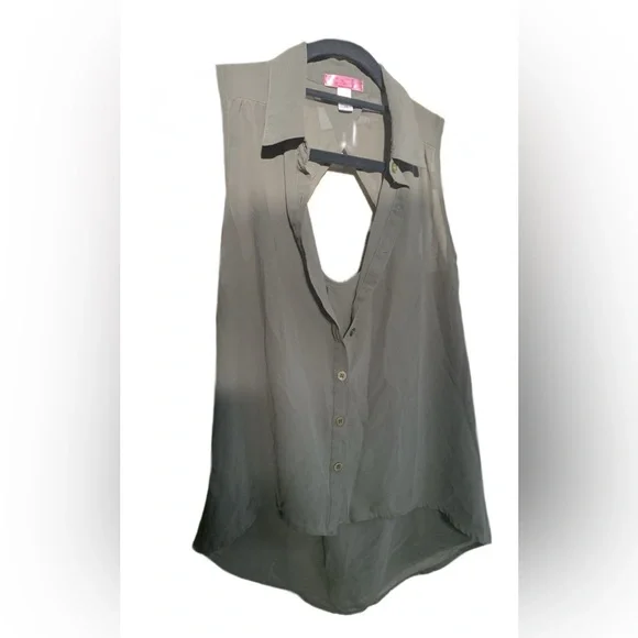 Sheer Olive Green Tank Button Up with Back Cut Out - Picture 3 of 3